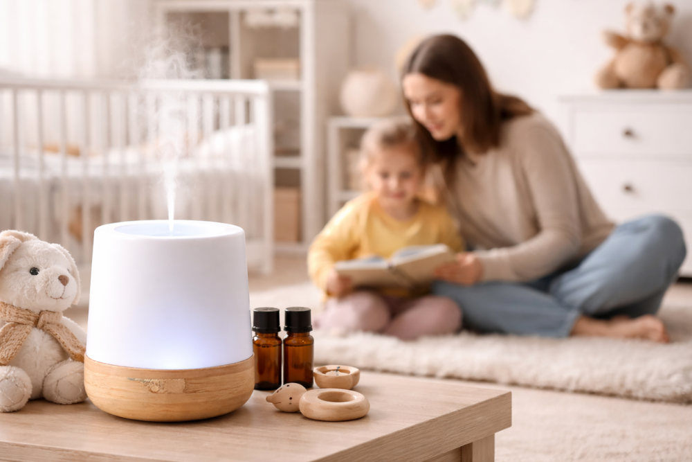 Diffusore con olio essenziale nella cameretta dei bambini, nebbia leggera e atmosfera tranquilla durante la lettura insieme
