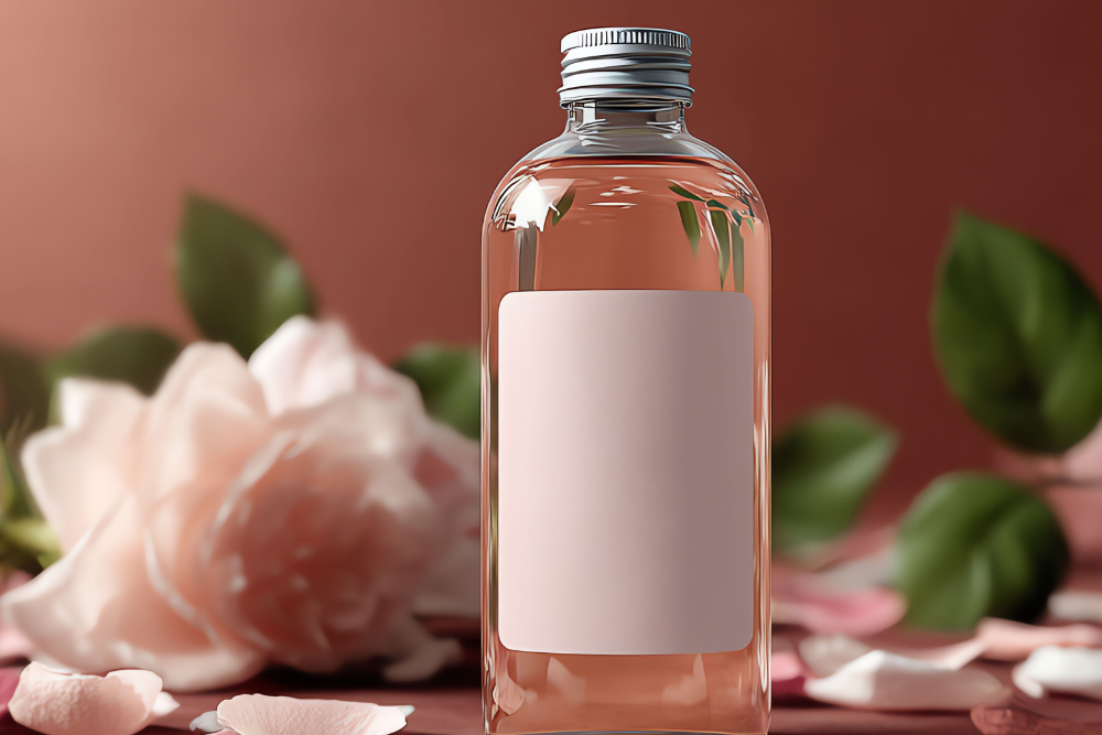 Flaconcino di vetro con acqua floreale e un fiore, simbolo di una cura aromatica delicata e rispettosa