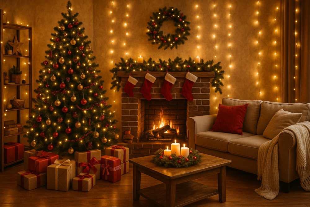 Accogliente soggiorno decorato per Natale con lucine, albero di Natale, camino e candele, che crea una calda atmosfera festiva.
