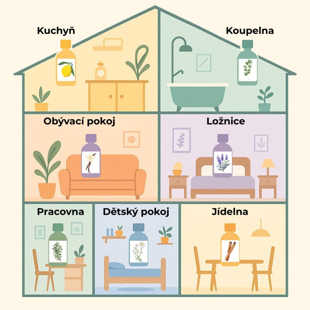 Illustrazione di una casa con gli oli essenziali consigliati per le singole stanze