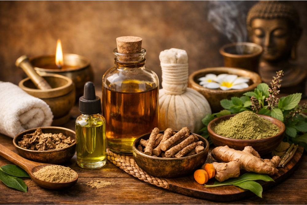 Cosmetica e oli ayurvedici – tradizionali macerati oleosi, materie prime erbacee e accessori per massaggio in una calma composizione naturale