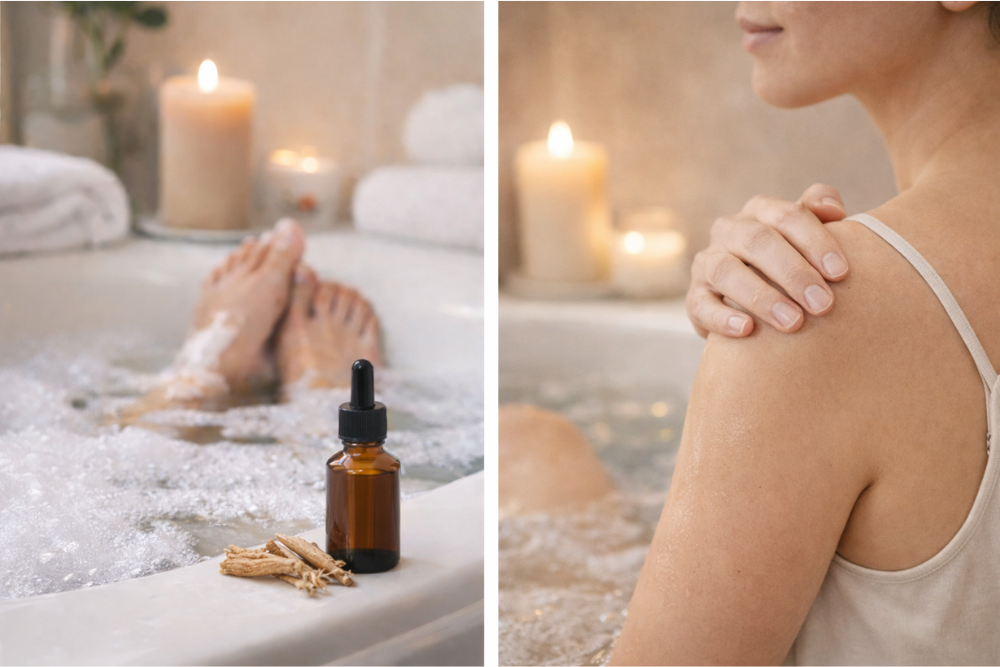 Uso dell'ashwagandha in cosmetica – rituale del bagno con olio e delicato massaggio del corpo in un'atmosfera calma