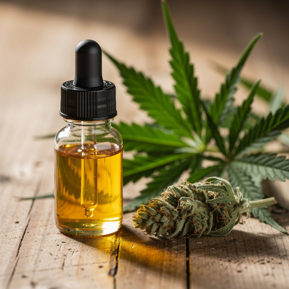 bottiglia di olio CBD con contagocce e foglie di canapa bottiglia di olio CBD con contagocce e foglie di canapa