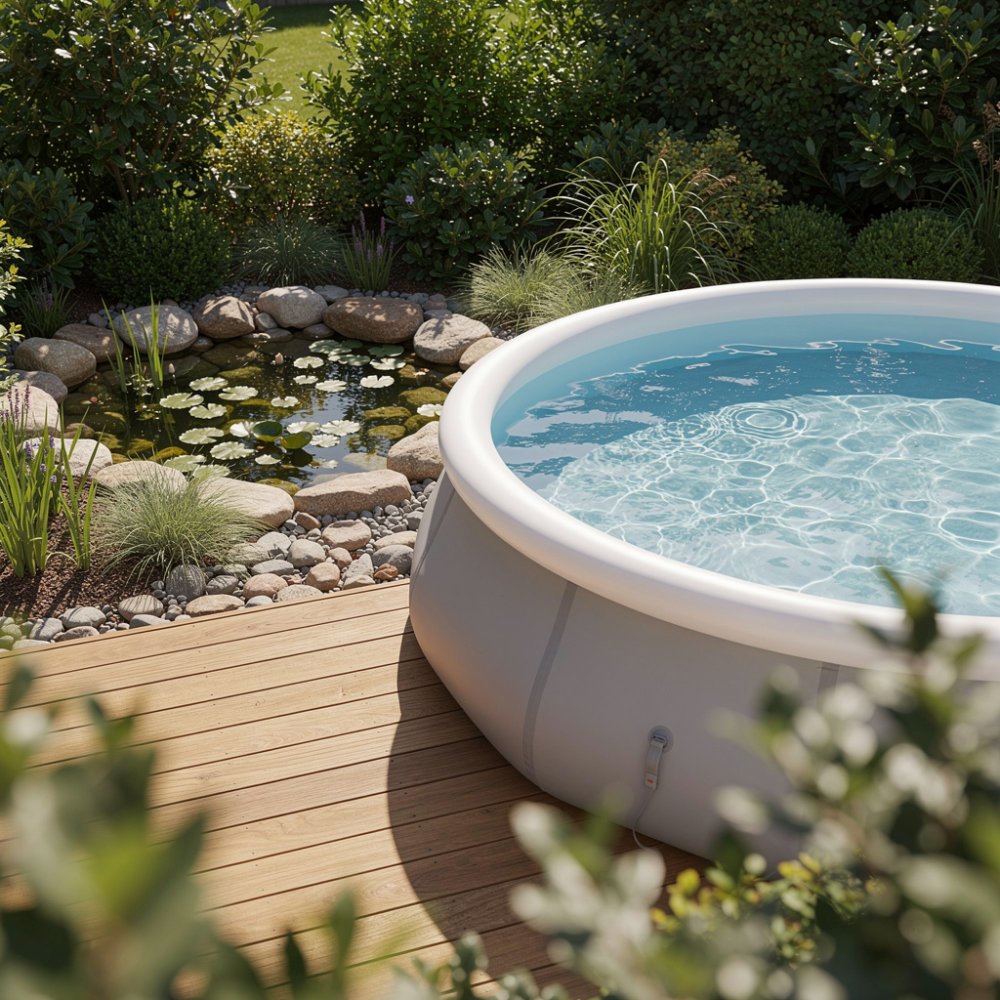 Piscina e stagno da giardino alla luce solare estiva Piscina e stagno da giardino alla luce solare estiva