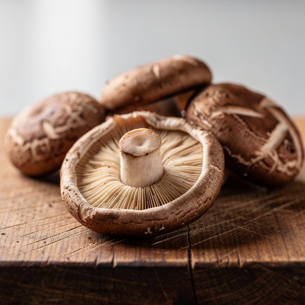 Freschi funghi shiitake su un tagliere di legno Freschi funghi shiitake su un tagliere di legno