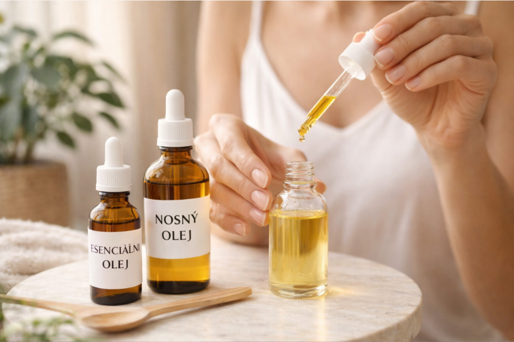 Miscelazione di olio essenziale con olio vettore in un piccolo flaconcino con il contagocce, delicata cura domestica della pelle