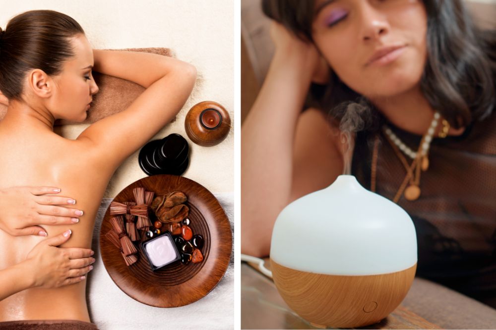 Aromaterapia rilassante – diffusore con olio essenziale e candele in un ambiente tranquillo