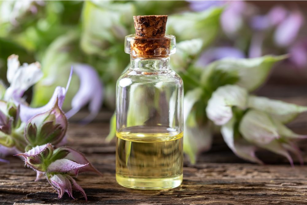 Olio essenziale di salvia in un flaconcino con foglie fresche di salvia