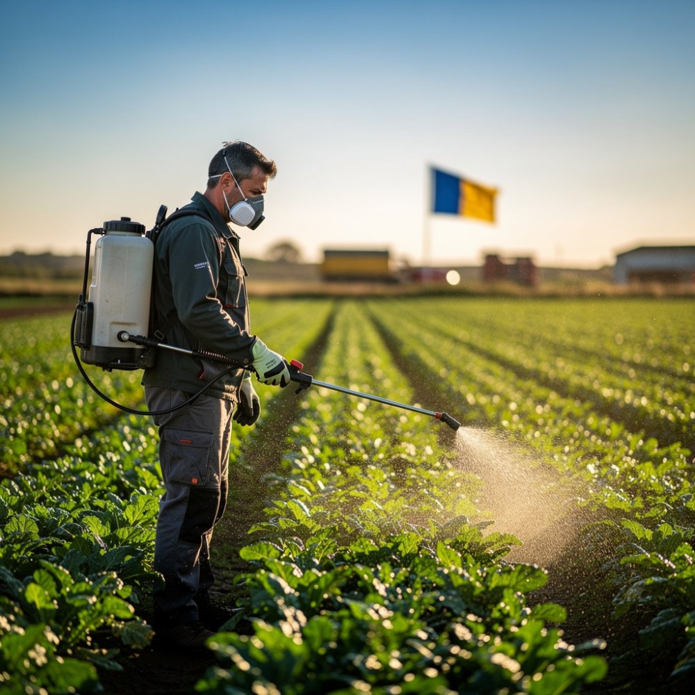 L'agricoltore controlla le colture con lo spruzzatore, gocce sulle foglie, giornata di sole