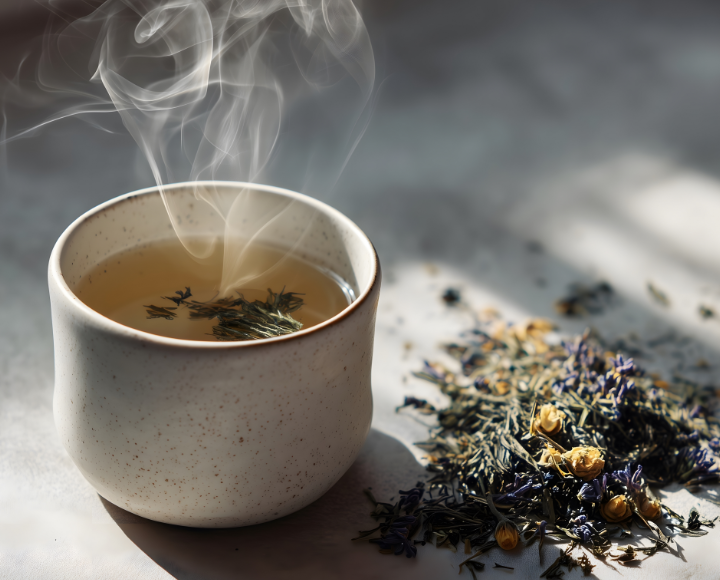 Tazza con infuso caldo di erbe e erbe secche su un tavolo.