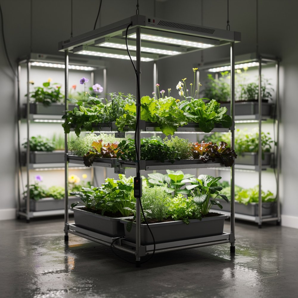 I pannelli LED illuminano l'interno con le piante