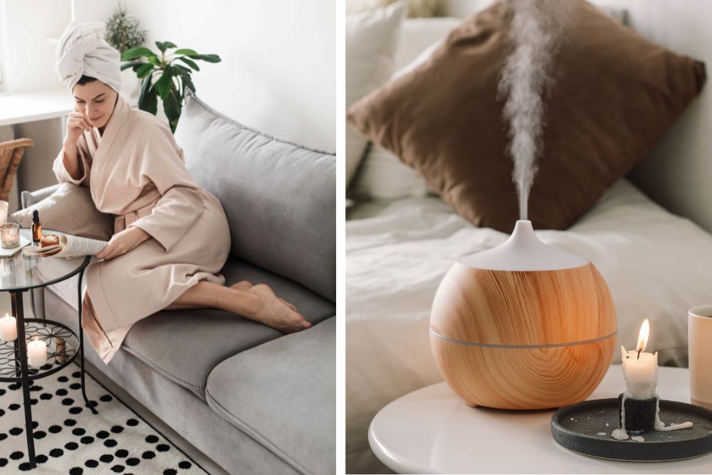 Aromaterapia domestica con oli essenziali – riposo, diffusore e candele dopo i pasti