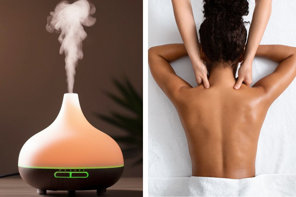 Diffusore aromatico con olio essenziale e massaggio rilassante alla schiena per l'aromaterapia