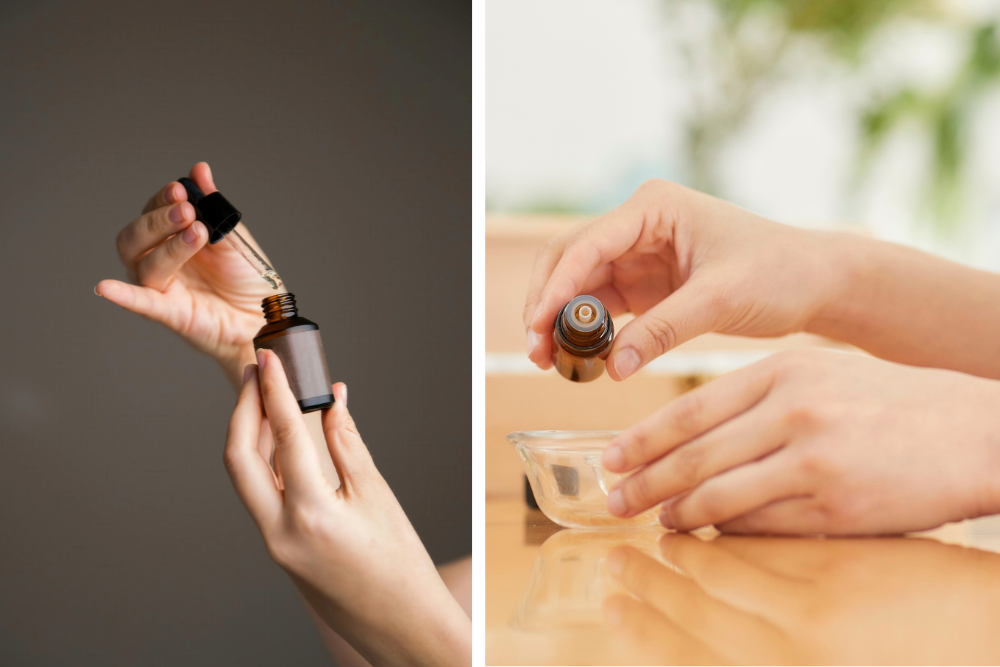 Miscelazione di oli essenziali in una ciotolina di vetro, semplice principio di combinazione dei profumi per il diffusore.