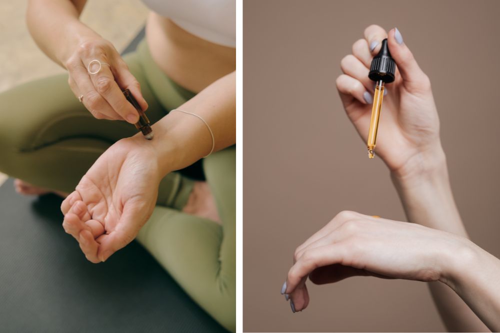 Mano che applica un olio essenziale diluito sull'avambraccio come test di sensibilità della pelle.