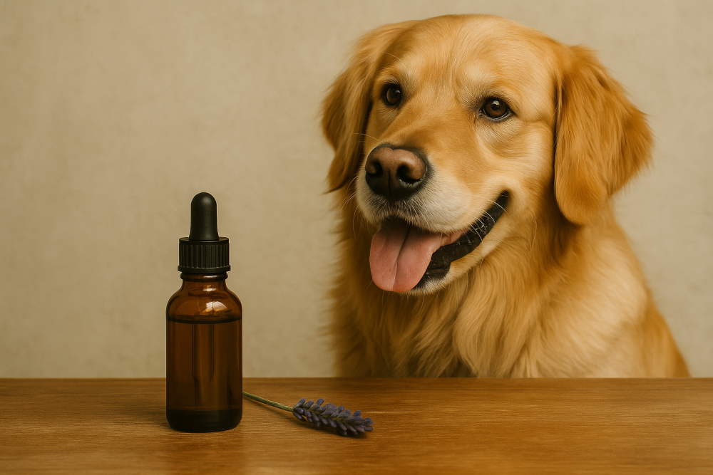 Cane in un interno accanto a un flaconcino di olio essenziale – delicata profumazione della casa con i cani