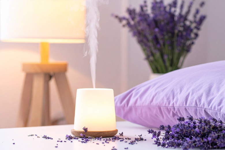 Diffusore di aromi con lavanda sul comodino in camera da letto.