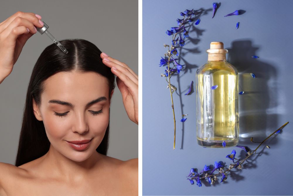 Applicazione di una miscela oleosa sul cuoio capelluto con le dita