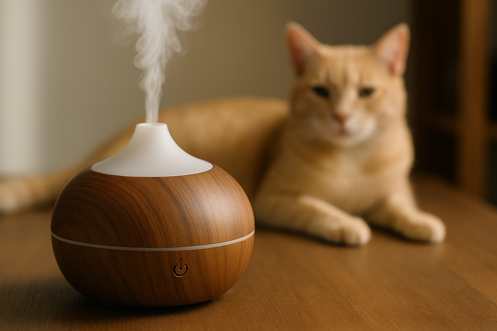 Diffusore di aromi in un interno con un gatto sfocato sullo sfondo – uso cauto degli oli essenziali in casa con animali