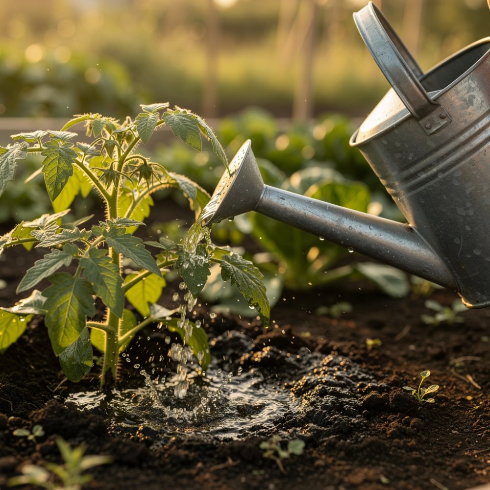 L'annaffiatoio di metallo versa acqua sui pomodori nel giardino L'annaffiatoio di metallo versa acqua sui pomodori nel giardino
