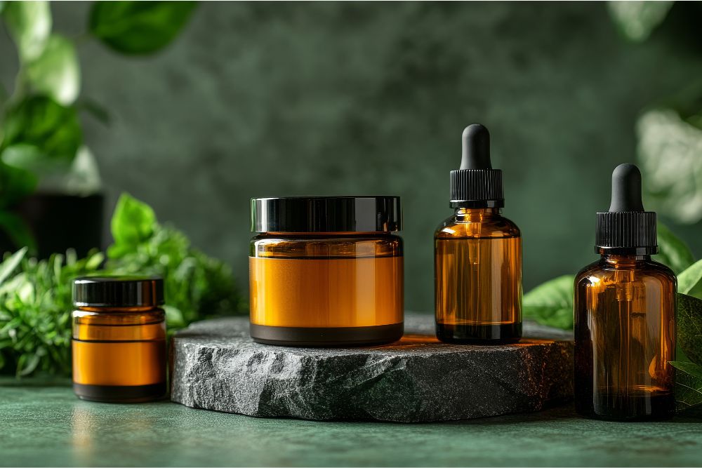 Flaconcini con oli essenziali su sfondo naturale – cura cosmetica naturale.