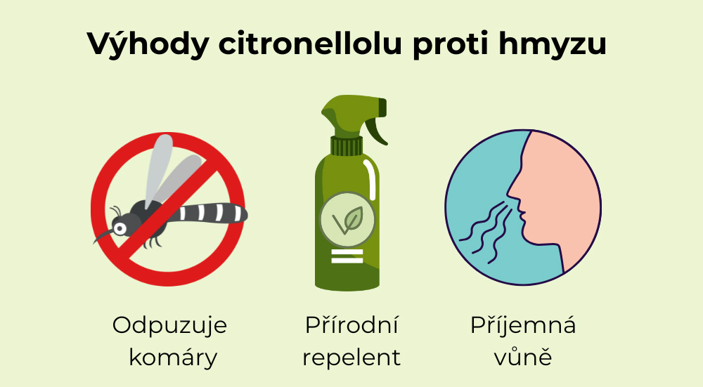 Infografica dei vantaggi del citronellolo – fresco profumo naturale, origine vegetale, uso in prodotti per l'ambiente esterno.