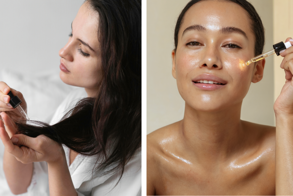 Donna che applica un olio cosmetico con il contagocce su pelle e capelli come parte di una cura nutriente