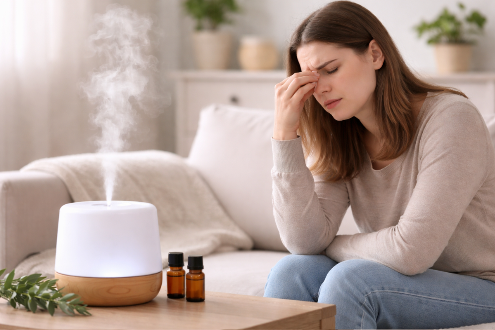 Donna seduta accanto a un diffusore di aromi che avverte come sgradevole il profumo troppo intenso nella stanza