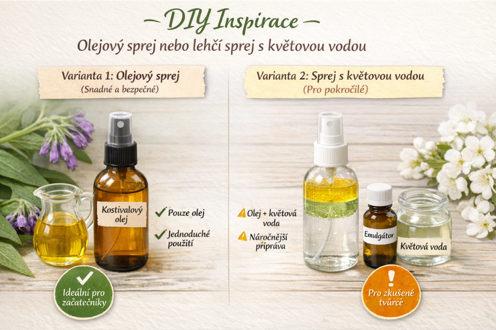 Preparazione casalinga: olio di consolida maggiore in spray e variante più leggera con acqua floreale