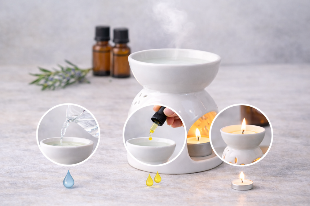 Procedura d'uso della lampada aromatica: versare l'acqua, aggiungere le gocce di olio essenziale e scaldare con la candela