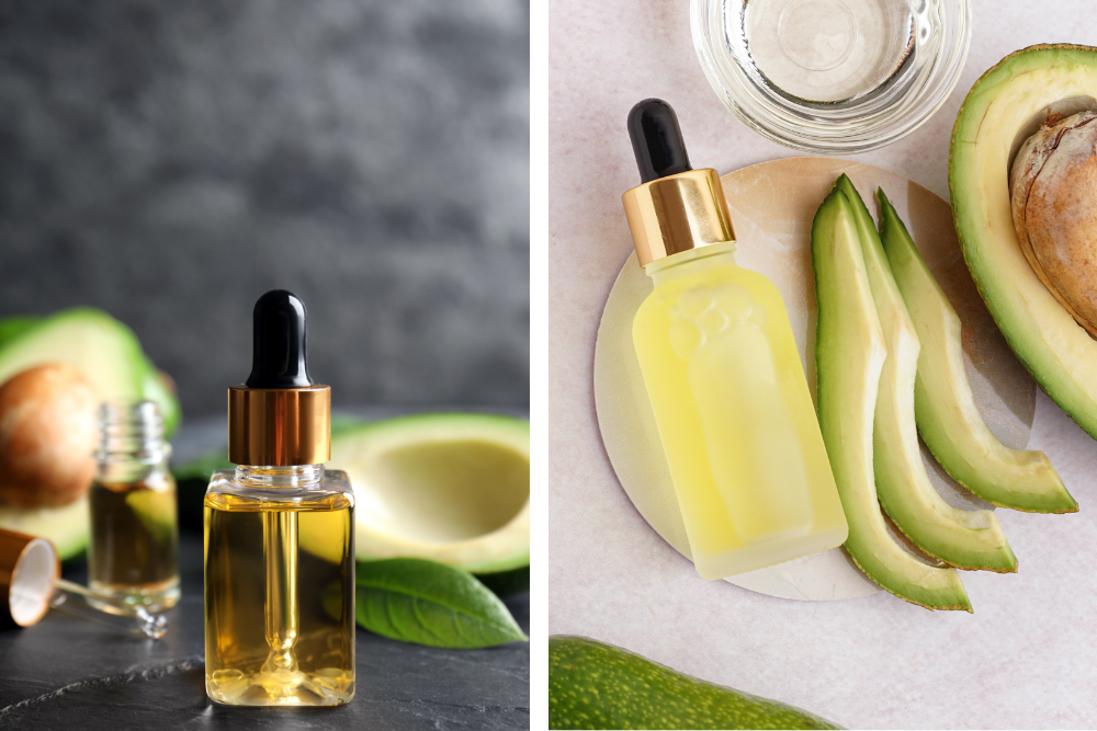Olio di avocado in un contagocce cosmetico accanto a un avocado tagliato, a illustrare la consistenza più densa dell'olio