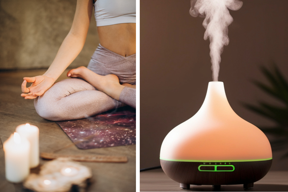 Donna durante il relax e un aromadiffusore con delicato vapore, atmosfera di aromaterapia domestica e di calma.