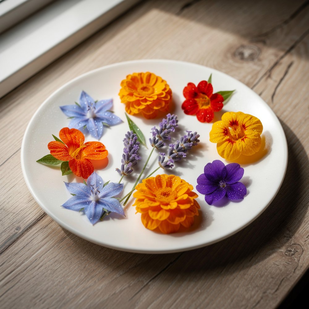 Misto colorato di fiori commestibili sul piatto