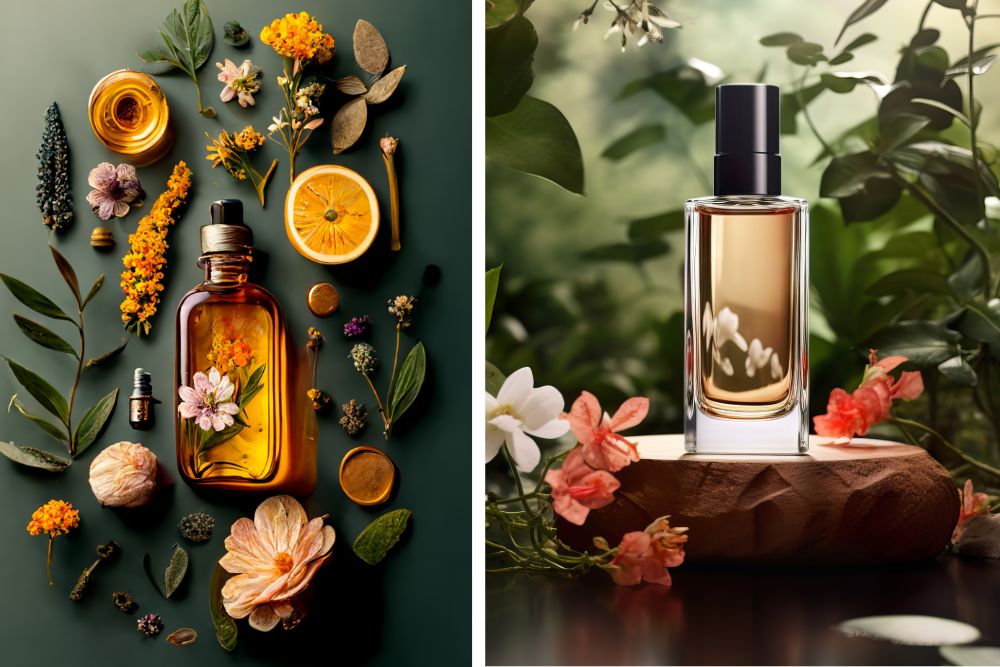 Oli da massaggio ayurvedici con ingredienti naturali e recipienti tradizionali per l'aromaterapia