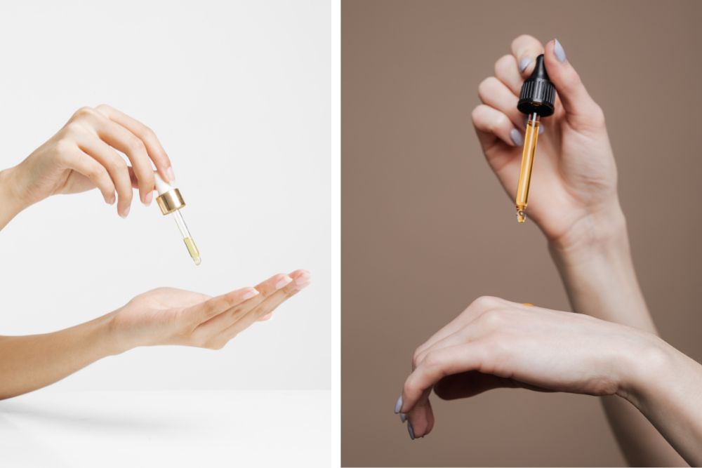 Applicazione di olio essenziale con un contagocce sulla pelle della mano come parte della cura aromaterapeutica.