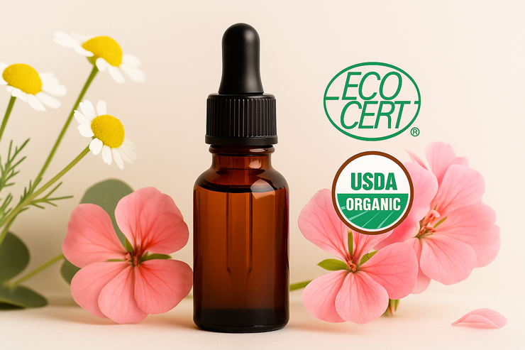 Flaconcino di olio essenziale con fiori e loghi ECOCERT e USDA Organic.