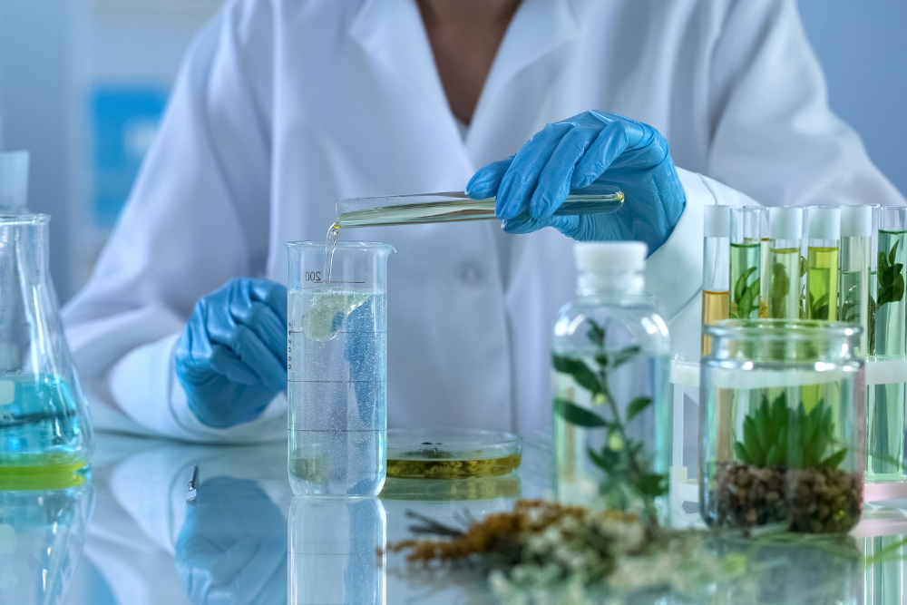 Una scienziata analizza oli essenziali in laboratorio – ricerca sugli effetti delle sostanze naturali e dell'aromaterapia