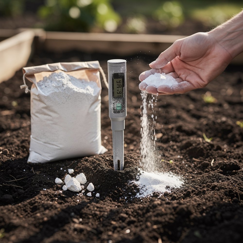Terreno con misuratore di pH e polvere di calce sulla superficie Terreno con misuratore di pH e polvere di calce sulla superficie