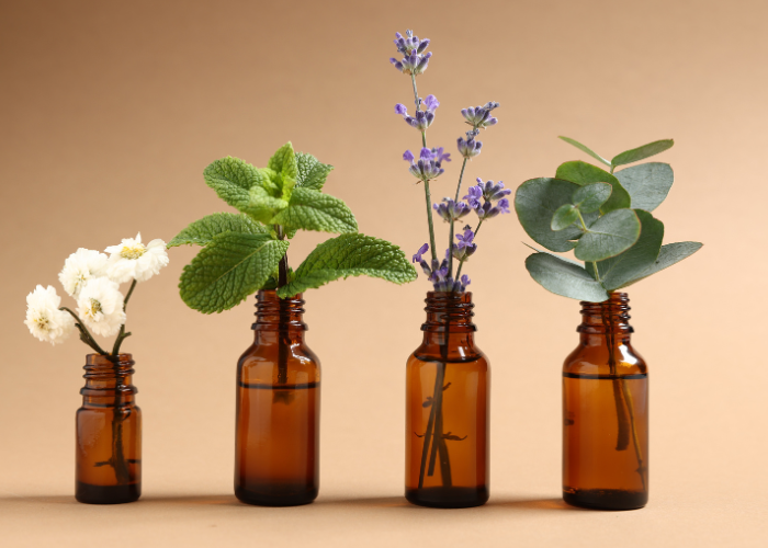 Flaconcini marroni con diverse erbe aromatiche che simboleggiano i diversi tipi di profumo per la scelta dell'olio essenziale in base alla personalità.