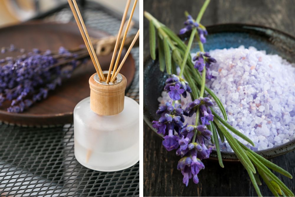 Fiori di lavanda e olio essenziale per l'aromaterapia domestica e la cura della pelle