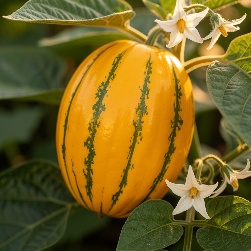 Pepino gold maturo sulla pianta, frutto giallo‑arancione con striature verde scuro