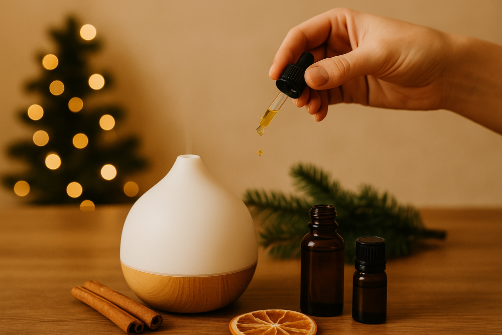 Goccia di olio essenziale che cade in un diffusore di aromi con decorazioni natalizie.