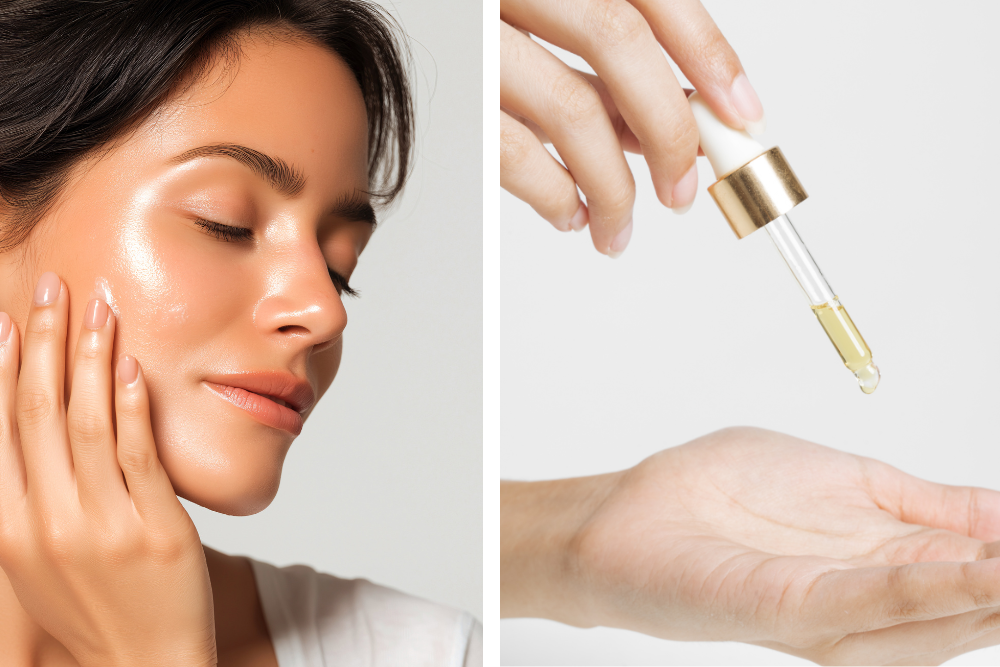 Donna che applica l'olio di jojoba sul viso con il contagocce – dettaglio dell'applicazione di un olio naturale per il viso sulla pelle.