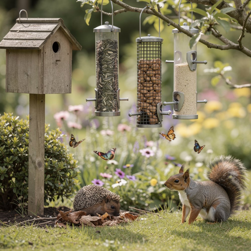 Uccelli che si nutrono dai mangiatoi sospesi nel giardino