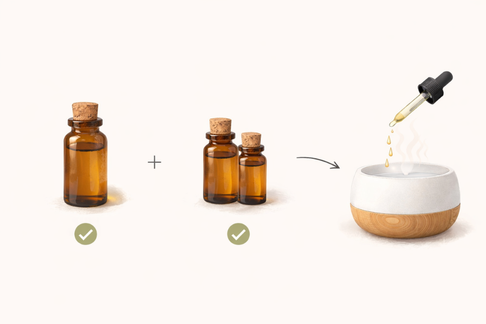 Semplice guida illustrata: olio principale + olio complementare + alcune gocce nel diffusore per un profumo gradevole.