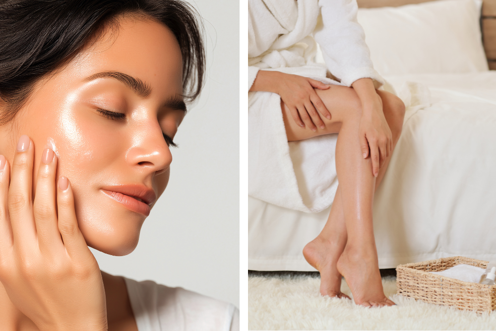 Olio cosmetico applicato su viso e corpo come parte della cura quotidiana della pelle