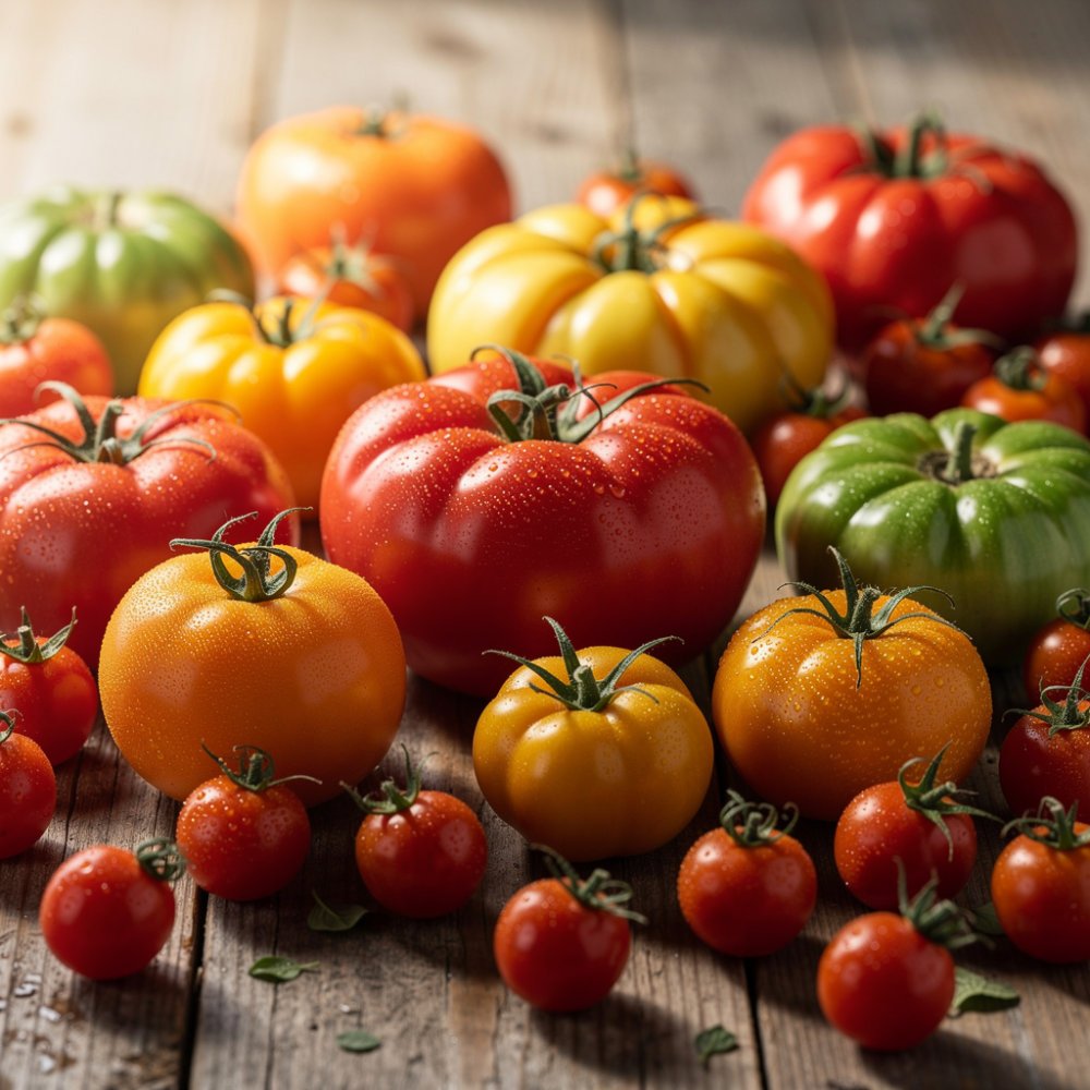 Varie varietà di pomodori freschi su una base di legno
