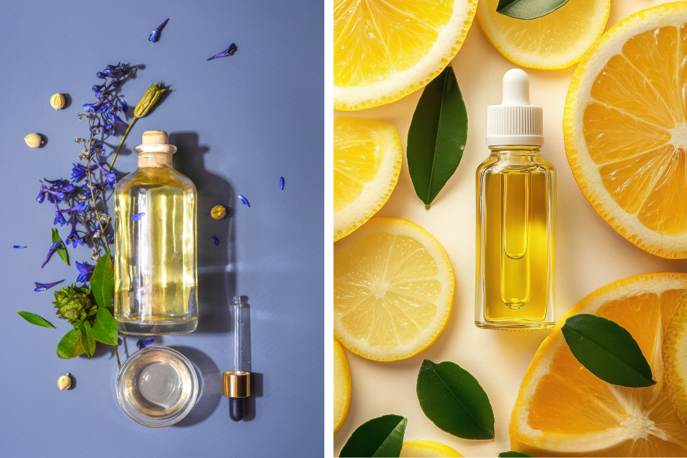Flaconcino di vetro con olio – ispirazione per la combinazione di oli vettori ed essenziali nella cura domestica.