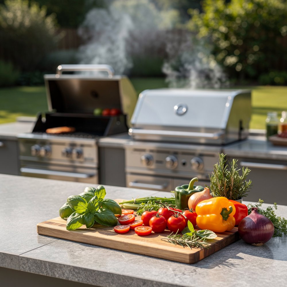 Cucina esterna moderna con grill e erbe fresche Cucina esterna moderna con grill e erbe fresche