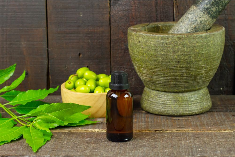 Oli essenziali ayurvedici con erbe su sfondo di legno